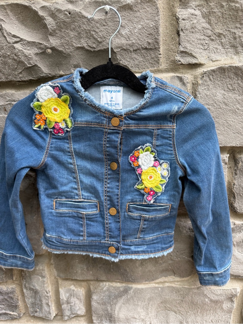 Mayoral Blue Denim Jacket with Colorful Floral Patches